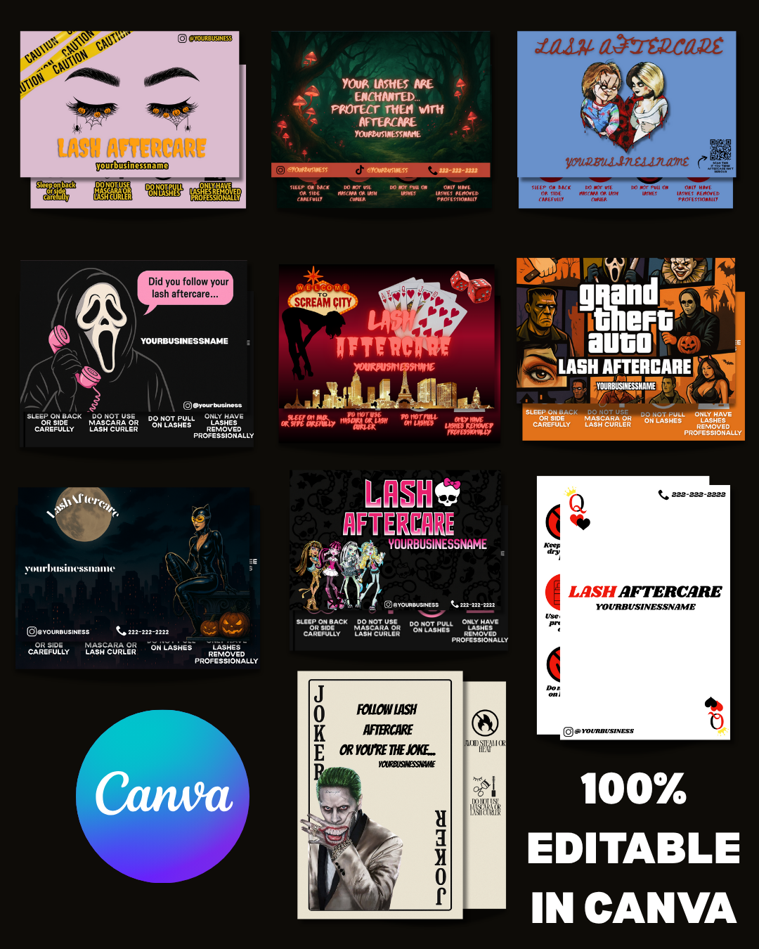 Halloween Lash Aftercare Cards | Editable Canva Templates for Lash Artists